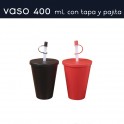 Vaso 400 ml. P.P.  Ø9x12 cm. con tapa y caña con tapón