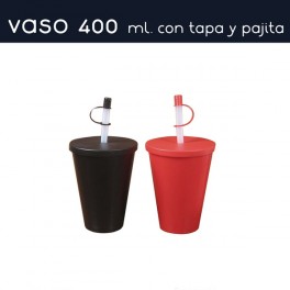 Vaso 400 ml. P.P.  Ø9x12 cm. con tapa y caña con tapón